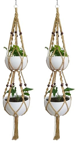 6 Legs Macrame Plant Hanger Jute Double Tiers Plant Hanger & Plant Holder with 6 pcs Round Brown Wood Bead, Hanging Planter 65-inches for 8 inch and 10 Inch Plant Pot (2 PCS Jute Hangers Without Pot)
