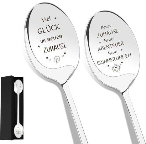 Geschenke zum Einzug Einzugsgeschenke Wohnung, 2er Kaffeelöffel Edelstahl, Lange Löffel mit Gravur für Frauen Männer Einweihungsgeschenk Haus Einzugsgeschenke Haus Weihnachten Valentinstag