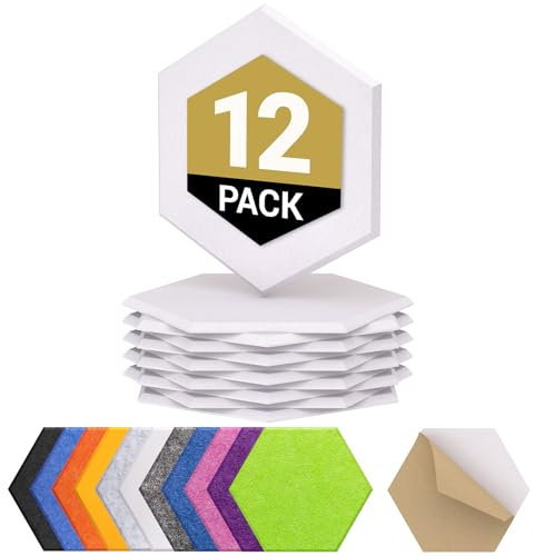 TONOR Lot de 12 Panneau Acoustique Mural Autocollante, 30 x 26 x 1cm Panneau Acoustique à Haute Densité, Mousse Acoustique Hexagonal Isolant Phonique pour Studio, Bureau, Chambre, Salon, Blanc
