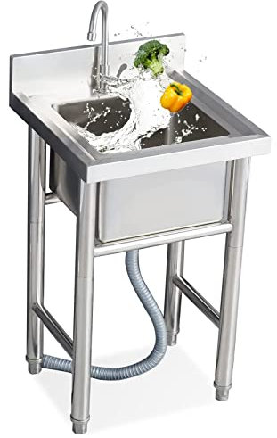 Fregadero de cocina Fregadero comercial de acero inoxidable Fregadero independiente de un solo tazón para uso general con protector contra salpicaduras alto para garaje Restaurante Cocina al aire