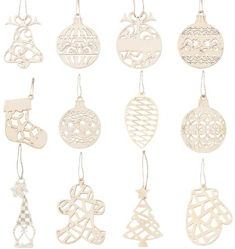 12 Pièces Décoration de Noël DIY, 10cm décorations de Sapin de Noël en Bois Vierges avec Ficelle pour Loisirs créatifs, Decoration Noel Sapin Délicat à Suspendre sur Le Sapin de Noël