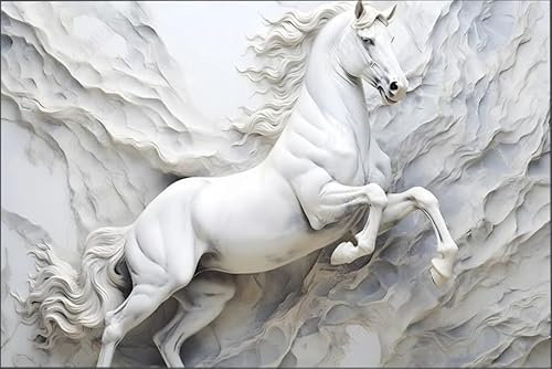 ZYHFDC Papier Peint Panoramique Relief en plâtre du cheval blanc Tableaux Muraux Tapisserie Photo Décoration Murale Salon Chambre 350CM(L)*256CM(H)