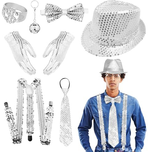 RoserRose glitterkostym män, glitteroutfit män, glittertillbehör män, disco kostym män, glitter hatt slips fluga hängslen, glitterkostym för karneval karneval