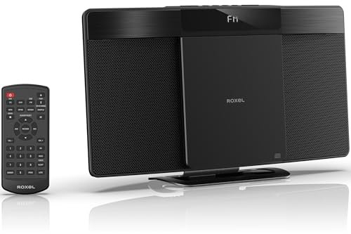Roxel Lecteur CD micro HiFi avec radio FM, BT V5.4, haut-parleurs puissants, montage mural, entrée USB et AUX, télécommande, design élégant et plat, écran LED blanc (RCD-200 FM)