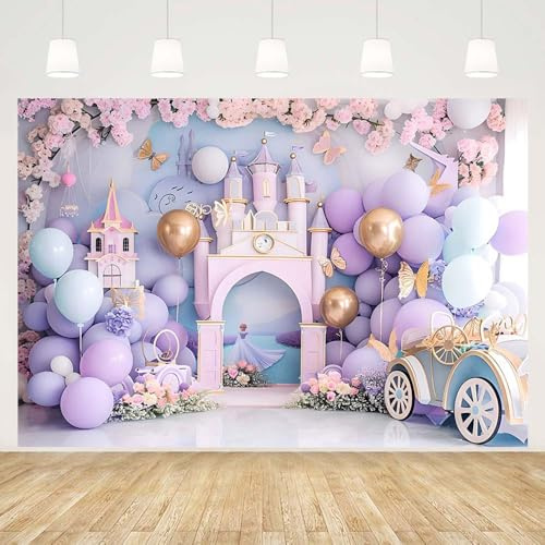 MEHOFOND Toile de fond pour photographie d'anniversaire de fille violet de 2,4 x 1,8 m Fleurs Château Papillon Voiture Arrière-plan pour fête prénatale Gâteau Smash Fête de princesse Décoration de