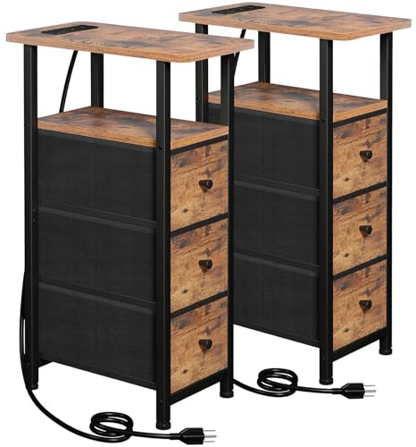 LOAKEKEL Narrow End Tables Living Room Set of 2 with Charging Station, Skinny Side Table with Fabric Drawers, Slim Nightstand for Bedroom, Small Spaces, Couch, Brown, HETNDP03BR