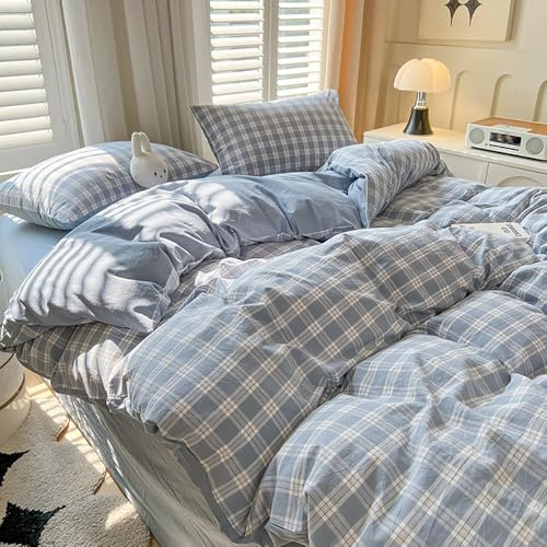 Covebett - Funda nórdica de 220 x 240 cm, diseño de cuadros, color azul moderno, juego de cama para adultos, 2 personas, funda nórdica de microfibra, ropa de cama con cremallera y 2 fundas de almohada