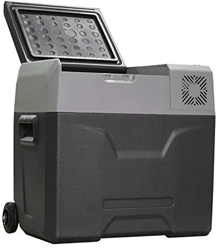 HOMCOM Frigorifero Portatile per Auto 50L 12/24V DC 110-240V AC, Frigo Portatile con Pannello Touch, Maniglia e 2 Rotelle, in Alluminio e Plastica, per Barca, Camper, 58.6x37.8x54.5 cm, Grigio