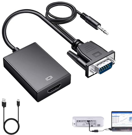 Adaptateur VGA vers HDMI avec audio, 1080p HDMI femelle vers VGA mâle, 0,5 m, alimenté par USB pour ordinateur portable, HDTV, moniteur – Comprend un câble USB et audio, charge intelligente
