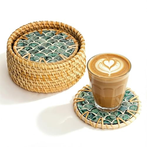 JUNGLE CULTURE Mother of Pearl Rattan Coasters for Drinks with Holder • Handmade Round Coaster Set of 6 • Sustainable Homeware • Coffee Table, Tiki Bar, Mugs, Glasses, Cups • Coastal Boho - Cascade