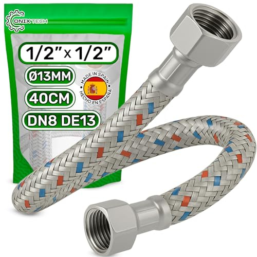 Latiguillo 40 cm Hembra 1/2” x Hembra 1/2” DN8 DE13 - Latiguillos de Fontanería Fabricada en Acero Inoxidable Temperatura máx 70°C Presión de Trabajo 10 bar - MADE IN SPAIN - ONIX TECH