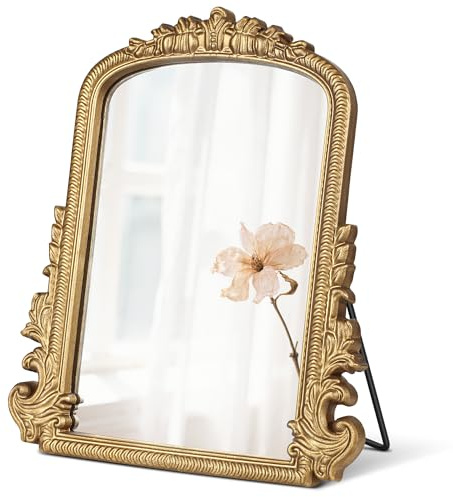 LUYABA Vintage Vanity Mirror with Stand – 11.8x9.6 Gold Tabletop Makeup Mirror, Arched Decorative Mirror with Carved Engineered Wood Frame for Bedroom, Dresser, Bathroom or Desk