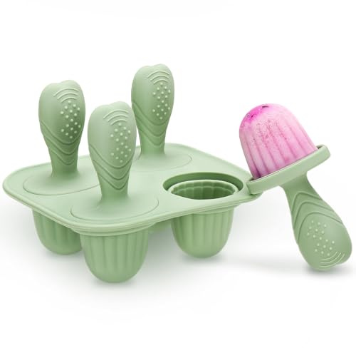 4 Mini Moule à Glace Bébé Réutilisable, 4 Pochons en Silicome Alimentaire | Sans BPA, Moules à Popsicle Enfant avec Bâtonnets, Compatible Lave-vaisselle, pour Popsicles, Crèmes Glacées, Sorbets (Vert)