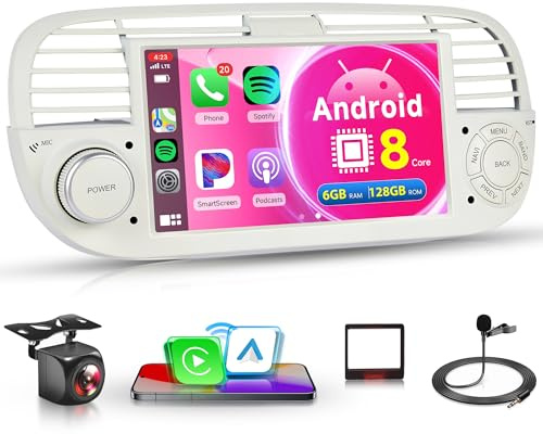 6G+128G 8Core Wireless Carplay Android Autoradio per FIAT 500 2007-2015 7 Pollici Touchscreen Autoradio con Android Auto GPS Navi WiFi Mirror Link Bluetooth FM/RDS/DSP EQ/USB/SWC Telecamera Posteriore