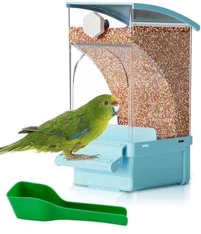 Hamiledyi Automatic Bird Feeder No Mess Bird Cage Feeder Transparent Acrylic Parrot Seed Food Container with Perch Cage Accessories for Parakeet Finch Lovebirds Budgies Canary (Blue)
