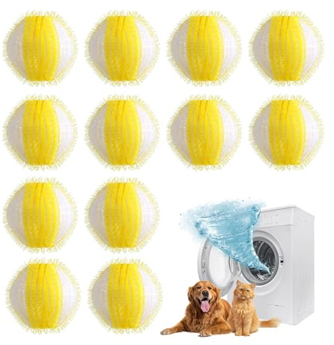 Lot de 12 Boules de Peluches Réutilisables pour Enlever les Poils d'Animaux de Chat - Accessoires pour Machine à Laver - Anti-Poils pour Vêtements, Couvertures, Manteaux, jaune