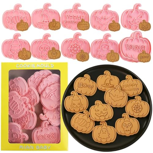 Set di formine per biscotti di Halloween, 10 pezzi 3D a forma di zucca, faccia di gatto, pipistrello, fantasma, cappello da strega, caramelle, boo, Happy Halloween, ragnatela e altro ancora
