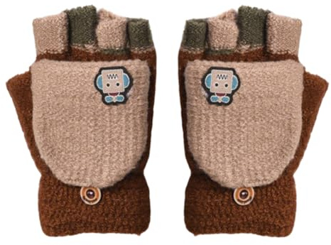 Kids Winter Warm Fingerless Gloves Cute Cartoon Convertible Flip Top Gloves, Boys Winter Gloves with Robot Pattern, Warm Half Finger Mitten for Boys Girls 5-10 Years (brown)