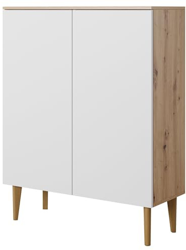 PAWS MEBLE BEREGN Kommode K100 Eiche Weiß – 100x123 cm – Hohe Sideboard mit 2 Türen, Push-to-Open, Skandinavisches Design, Holzfüße, Modern, Wohnzimmer Schlafzimmer Flur