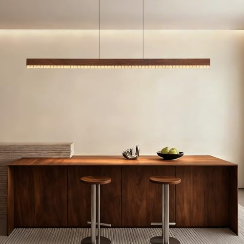 70 Wood Linear Pendant Light, Dimmable Kitchen Island Lighting with Remote, 30W LED Island Lights for Kitchen, Adjustable Linear Chandelier for Dinning Room Light Fixture, Bar, Pool Table - Walnut