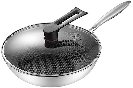 Fyearfly Wok in acciaio inox, 34 cm, antiaderente a nido d'ape, facile da pulire, con coperchio, padella resistente