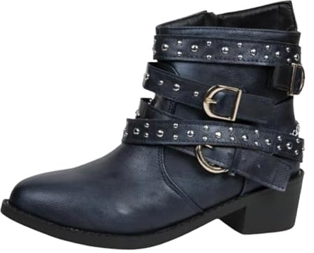 JXpxbao Damen Stiefeletten Biker Boots - Stiefel Mit Nieten Blockabsatz - Bequeme Herbst Winter Frauen Schuhe Schnallen Vintage Cowboy Stiefel Damen Ankle Boots Frauen Combat Booties (Blau,39)