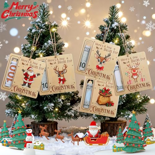 Weihnachts-Geldhalter aus Holz, 10 x 10 cm, Elch, Weihnachtsgeldhalter, Geldbaum, Geschenkhalter, hängende Holzfeiertags-Ornamente für Baumkranz, Wand, Tür, Kamin, Garten, 5 Stück