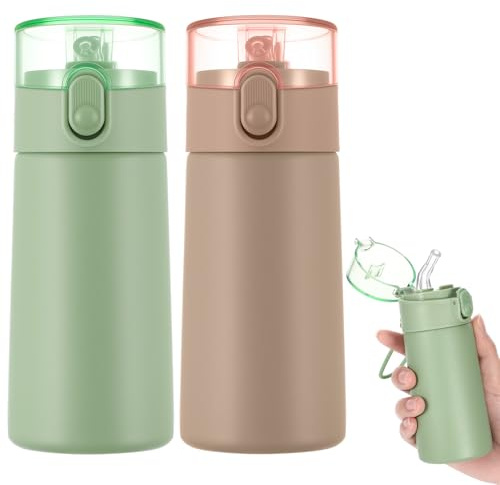 saerryor 150ml Stainless Steel Insulated Water Bottles,2Pcs Double Wall Vacuum Small Flask,Water Bottle with Straw,Leakproof Drinks Bottle with Carry Handle for Hot&Cold Drinks