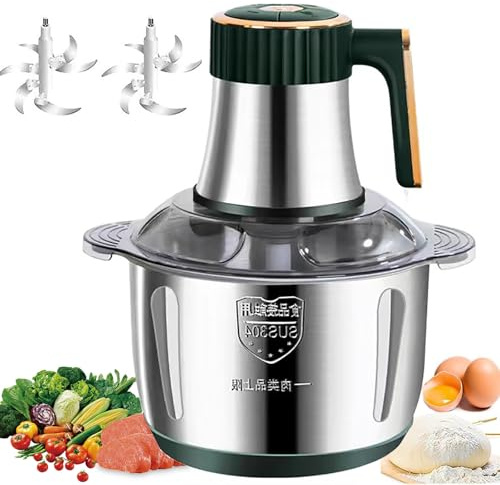 SUNBGRPYE Hachoir à Viande 5L (5 Vitesses RéGlables), Mixeur Domestique 500W, Lame à 6 Lames, pour Hacher La Viande/Les LéGumes, Battre Les œUfs, Presser Et PéTrir La PâTe Green-2*Blades
