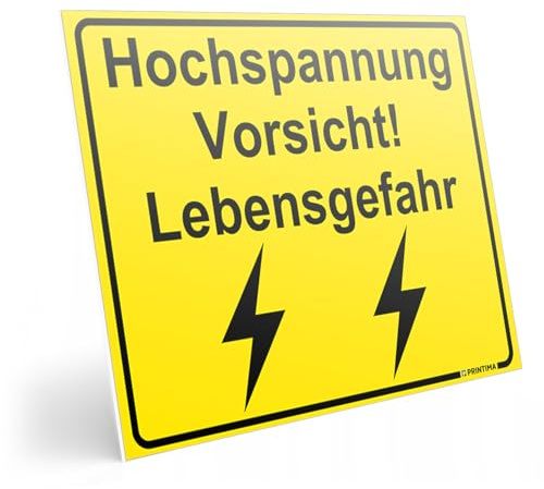 PRINTIMA Warnschild „Hochspannung – Vorsicht! Lebensgefahr“ – 40x30cm – gelbe, wetterfeste Alu-Verbundplatte inkl. Montagedübel – Schild zur Kennzeichnung elektrischer Gefahrenzonen