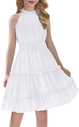 Arshiner Girls Dresses White Chiffon Sleeveless Summer Casual Midi Dress Children's Round Neck Festive Wedding Evening Dress Birthday Party Dresses Girls' Clothing 9-10 Years