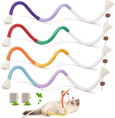 LauCentral 4 Piezas Juguete de Dentición para Gatos, Cuerda Dental para Masticar, Juguete Interactivo para Gatos,Limpiador Dental y Antiestrés para Mascotas