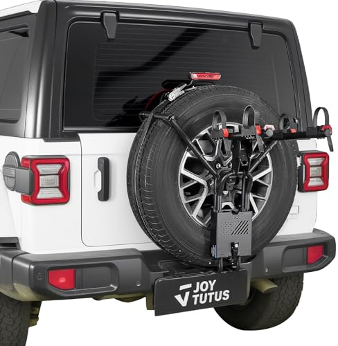 JOYTUTUS Spare Tire Bike Rack for 2 Bikes, Fits 25.5-37 Diameter 10-13.5 Width Tires, Anti-Wobble Foldable Bike Carrier with Lock for Wrangler Bronco SUV (No Tire Removal Required)