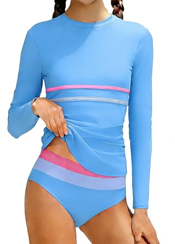 Glaoly Girls Rash Guard Swimsuit Contrasting Stripe Long Sleeve Top with Shorts 2-Piece Swim Suit for Teens Girls 14-16 Blue