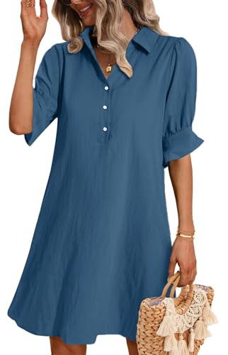 Zeagoo Vestido de Verano para Mujer Cuello V con Manga Volante Dresses For Women Botones Vestidos Camiseros Sueltos Casual Falda de Gasa Color Sólido y Bolsillos S-XXL