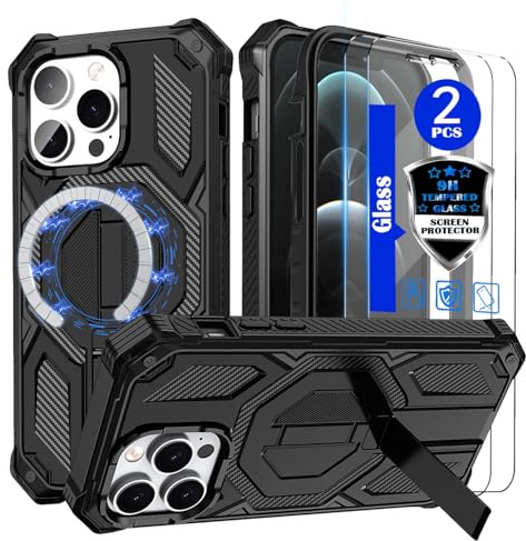 YmhxcY for iPhone 12/12 Pro Case，Compatible with MagSafe[With 2 pieces of tempered glass screen protector] With concealed metal bracket，Heavy-Duty Shockproof Rugged Case，6.1 inch(Black)