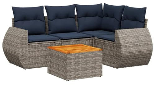 Qnhdfrt 5-teiliges Gartensofa-Set aus Polyrattan, Lounge-Set mit Akazienholz-Tisch und Kissen, modulares Gartensitzgruppe für Terrasse und Garten, Grau/Marineblau