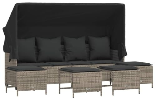 Qnhdfrt Garten-Sofagarnitur 5-teilig aus Poly Rattan, 4-Sitzer Gartensofa mit ausziehbarem Sonnendach und 4 Fußhockern, verstellbare Rückenlehne, Lounge-Set für Terrasse Grau