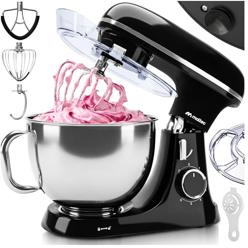MalTec Küchenmaschine 2000W mit 7L Edelstahlschüssel und planetarischem Rührwerk, mit Knethaken Schneebesen Flachrührer Eiertrenner Pulsfunktion LED-Drehregler Spritzschutz, für Backen und Kochen