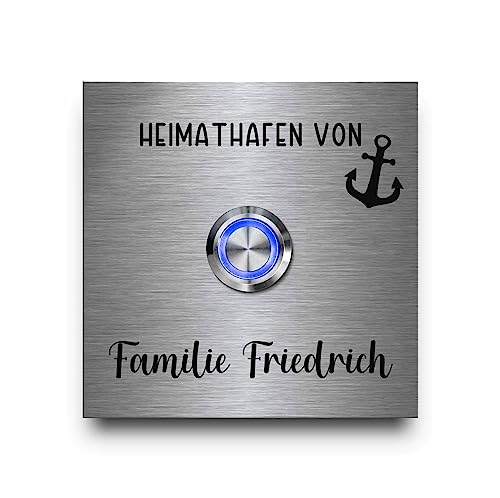 Graviertes Edelstahl Klingelschild Modell Friedrich - ab einer Größe von 8x8 cm - indiviuelle Gravur mit Wunschtext und vielen Motiven | Rostfreies Edelstahl mit präziser Lasergravur