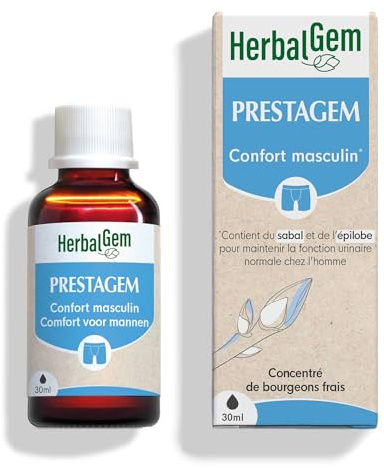 HerbalGem Prestagem Complexe Confort Masculin 30 ml | Épilobe et sabal serrulata pour soutenir le confort urinaire de l'homme dès 50 ans. Extrait de bourgeon concentré.