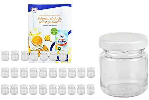 MamboCat 28er Set Rundgläser 53 ml Deckelfarbe weiß TO 43 inkl. Diamant Gelierzauber Rezeptheft, Einmachgläser, Einkochgläser, Vorratsgläser, Mini Sturzgläser, Obstgläser, Portionsgläser, Gläser