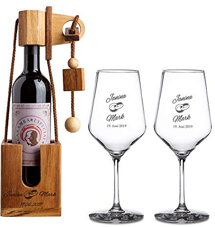 Casa Vivente Geschenkset zur Hochzeit – Weißweingläser und Flaschenpuzzle mit Gravur – Motiv Ringe – Personalisiert mit Namen und Datum – Hochzeitsgeschenk – Geschenkidee für Paare