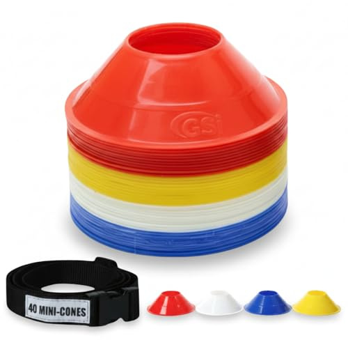 GSi Mini Cones for Sports - 40 Pack - 5Inch Diameter for Better Space Utilization - Comes with Shoulder Strap - for Agility Training Drills