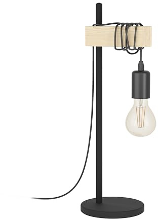 EGLO bordslampa TOWNSHEND, golvlampa med 1 ljuskälla i industridesign | retrolampa, nattduksbordslampa i metall och trä, färg: svart, brun, sockel: E27, inkl strömbrytare