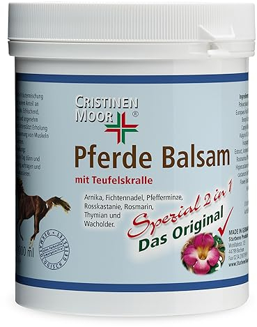 CristinenMoor Pferde Balsam mit Teufelskralle Spezial 2 in 1 Das Original, mit Rosmarin, Pferdesalbe extra stark bei Prellung, Stauchung, Gelenkbeschwerden, kühlend, 1000 ml