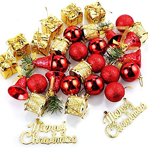 Amacoam Mini-Weihnachtskugel, Rot, aus Kunststoff, bruchsicher, Ornament, Dekoration, Weihnachtsbaum, Kugelform, Trommel, Glocke, goldfarben, Geschenk, Weihnachtsbaum, Dekoration, 32 Stück