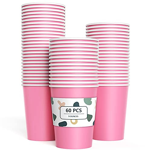 YANGTE 60 Pieces Pink Paper Cups Disposable Party Cups Biodegradable and Compostable Drinking Cups for Party, Birthday Supplies, DIY - 9 Ounce - 250ml