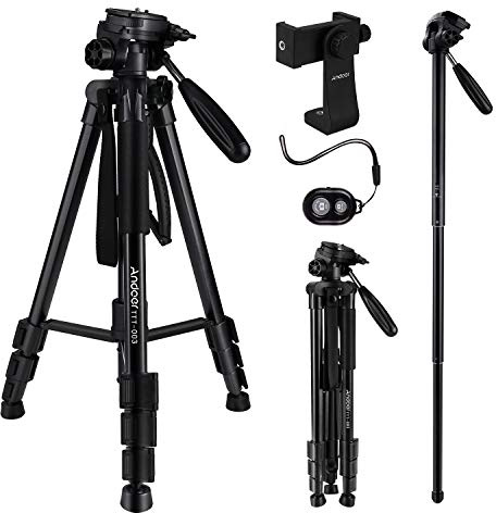 Andoer 64.2inch Monopod Tripod Stand Aluminium Alloy Camera Tripod 3-Way Swivel Pan Head Travel Tripod with Phone Clip Carry Bag & Remote Control for Smartphones DSLR Cameras Camcorders Max Load 5kg