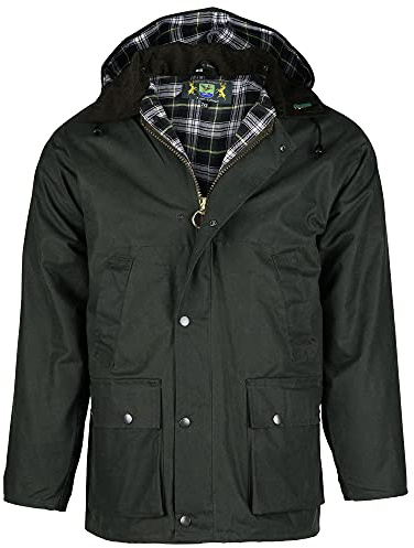 Romneys Chaqueta de cera Country – clásica chaqueta inglesa para exterior de algodón encerado, impermeable y cortavientos, robusta chaqueta de lluvia con capucha para mujer y hombre, verde oliva